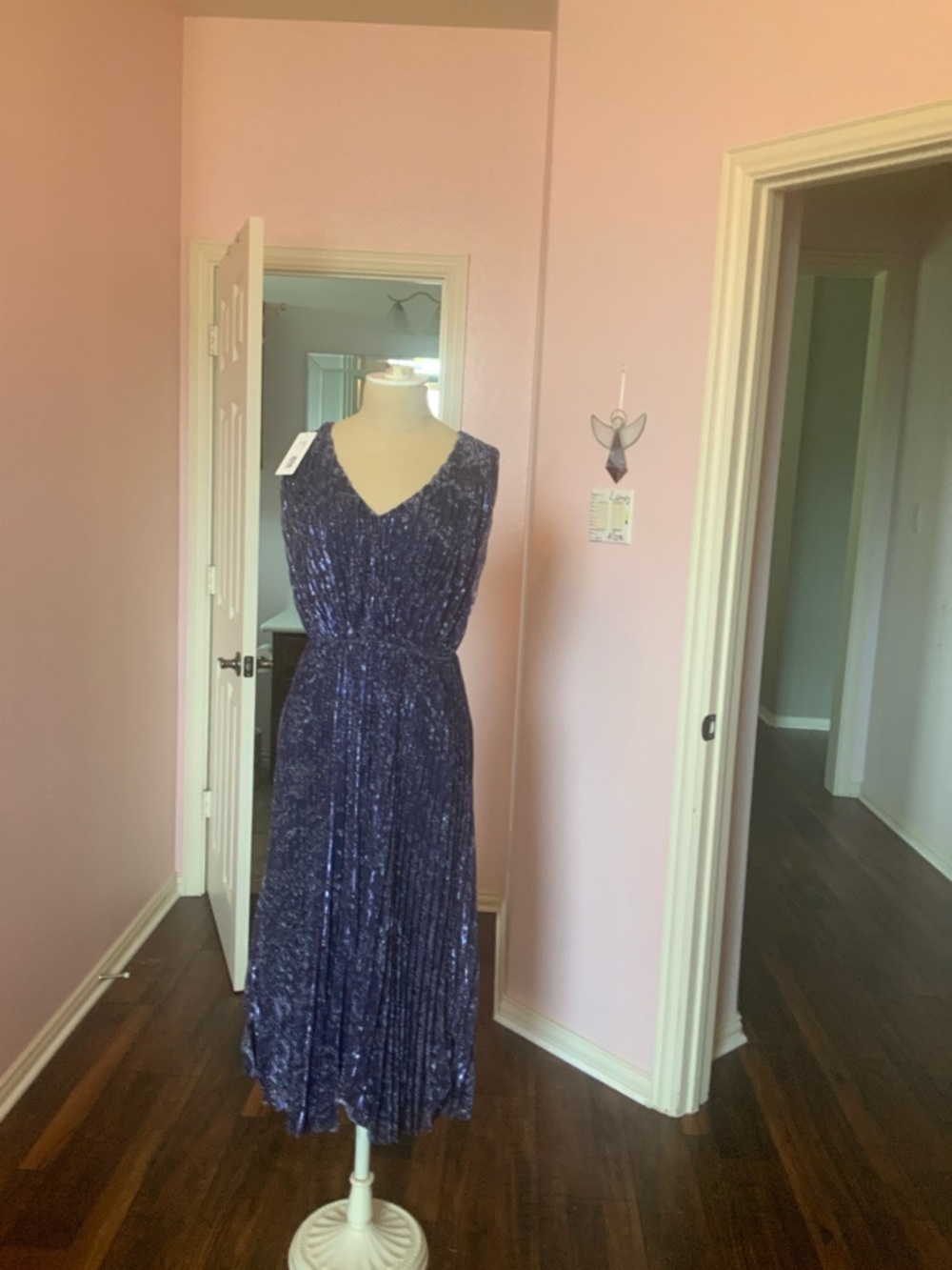 Johnny Was Navy Pleated V-Neck Midi Dress